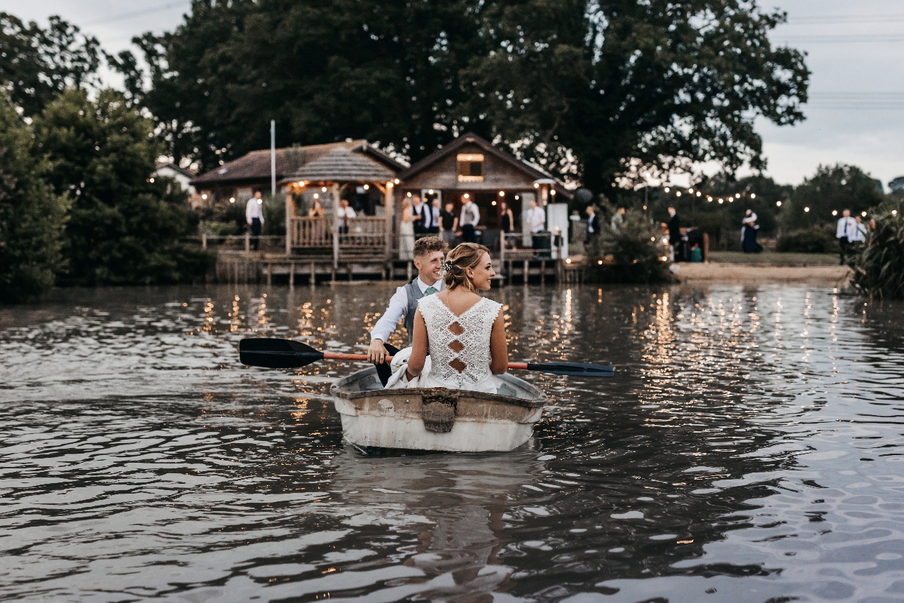 Newlyweds out on row boat
