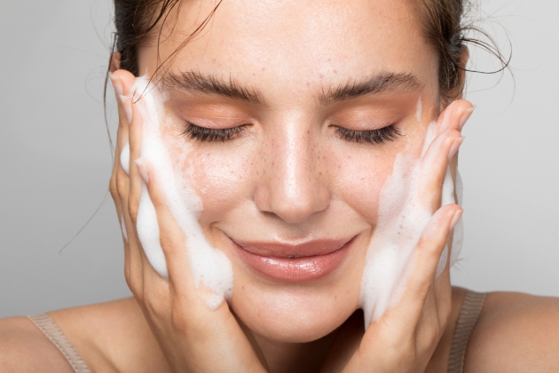 fresh-faced woman with freckles washing her face. 