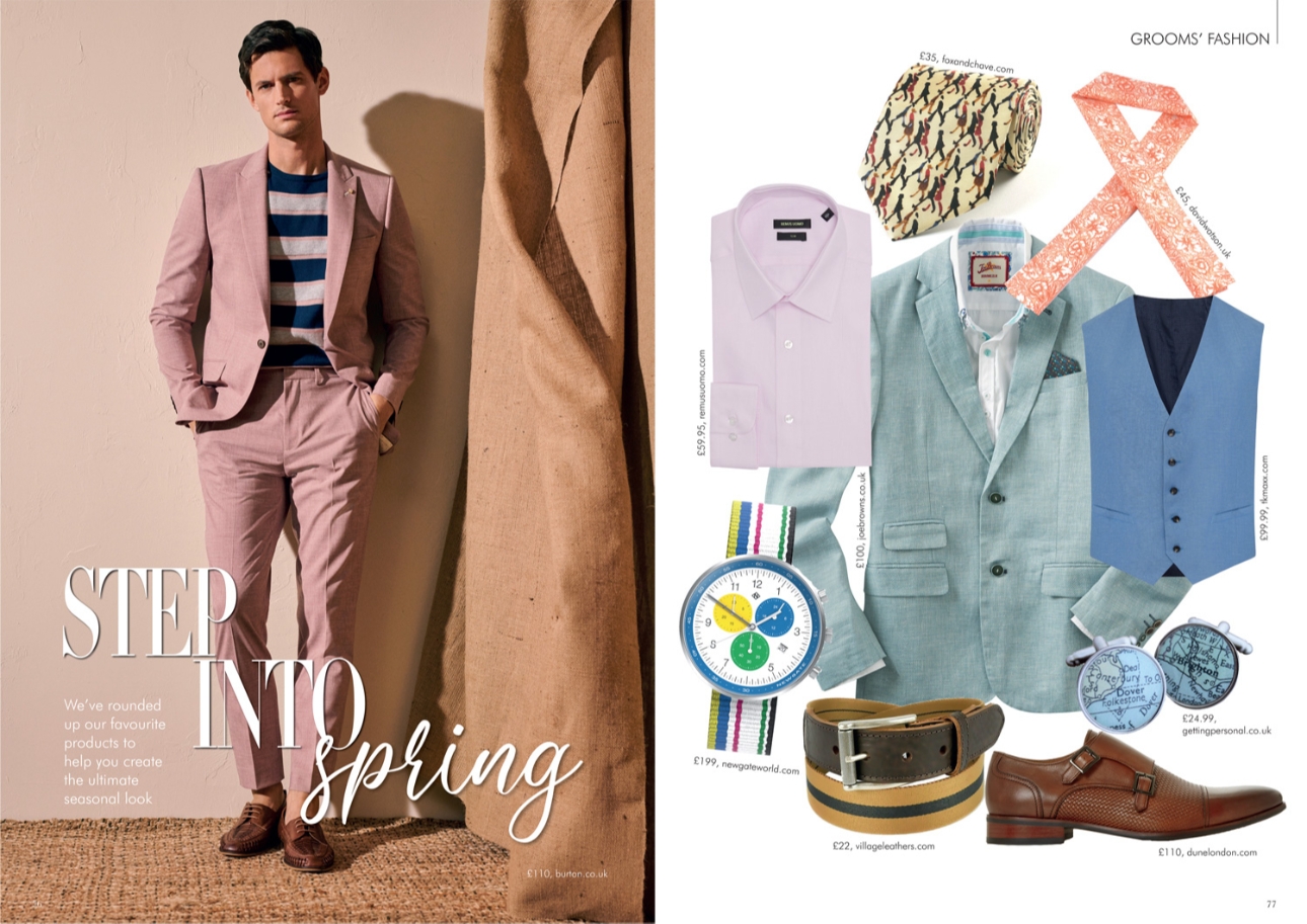Page layout from County Wedding Magazines of grooms fashion pink suit with pink and colourful accessories
