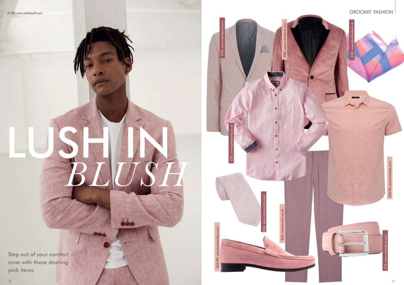 Model in a pink linen suit with matching pink accessories