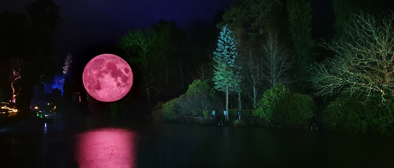 moon over the lake at leonardlee illuminated