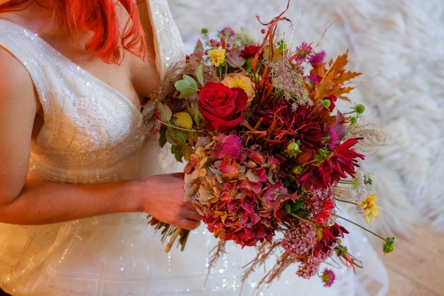 red, yellow, green, orange, autumnal colours, bridal bouquet