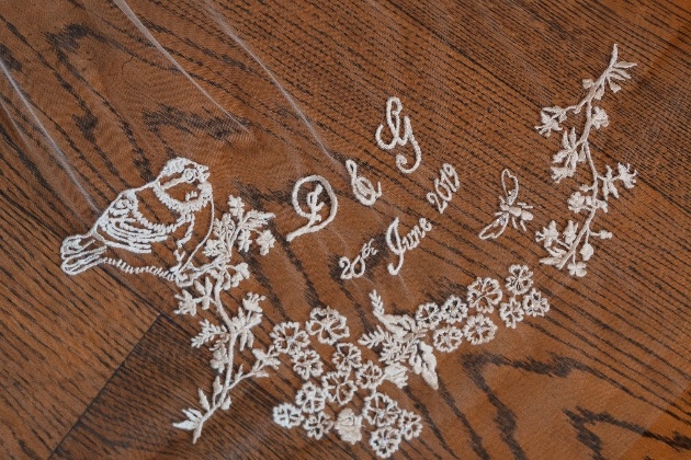 Embroidered customised veil with bird, initials and wedding date