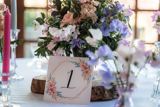 wedding centrepiece with sweet peas and english wildflowers