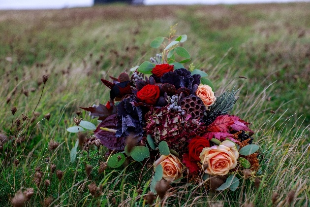 bridal bouquet in red and peach