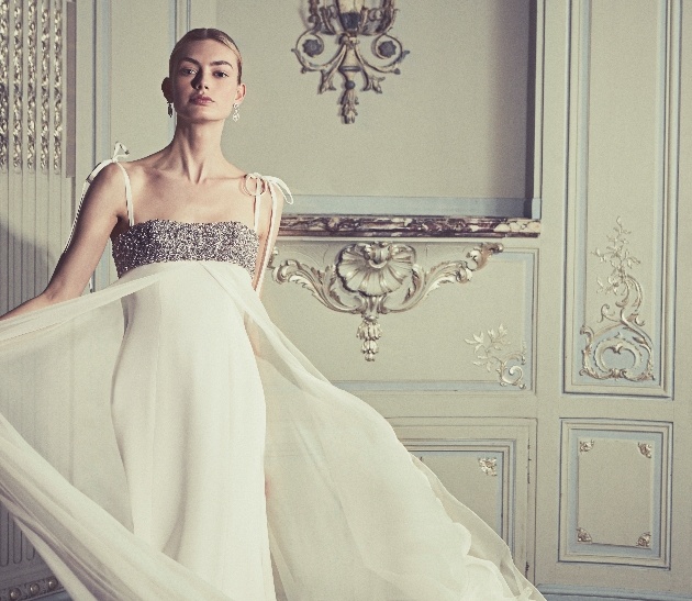 empire line gown with overlay and sequin top