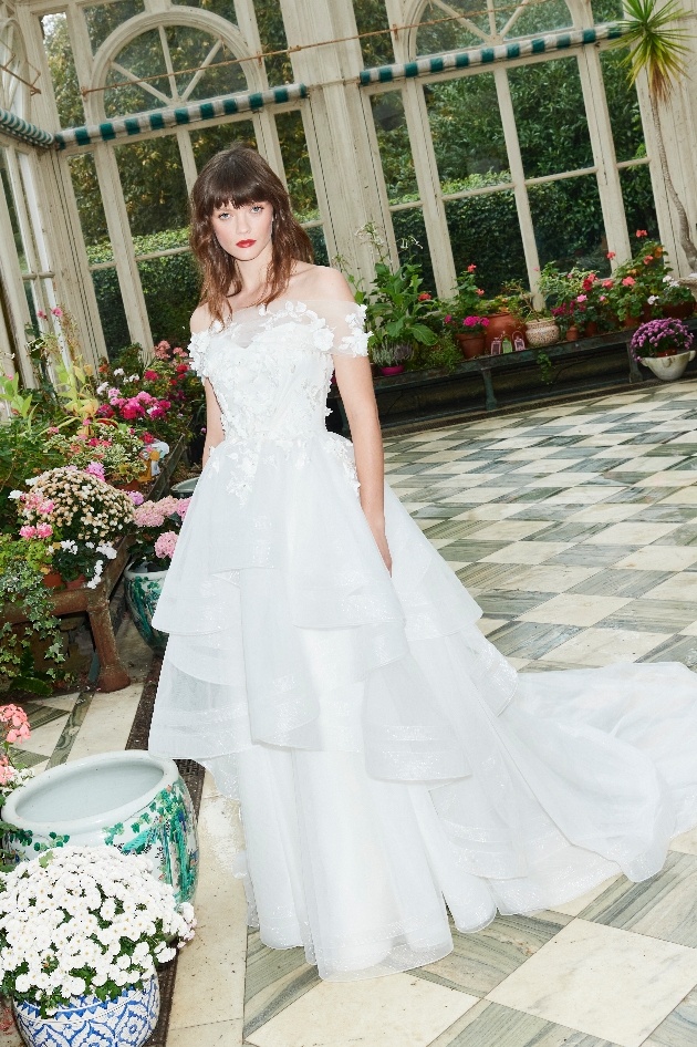 ruffles and layered gown with embellishes on shoulder top