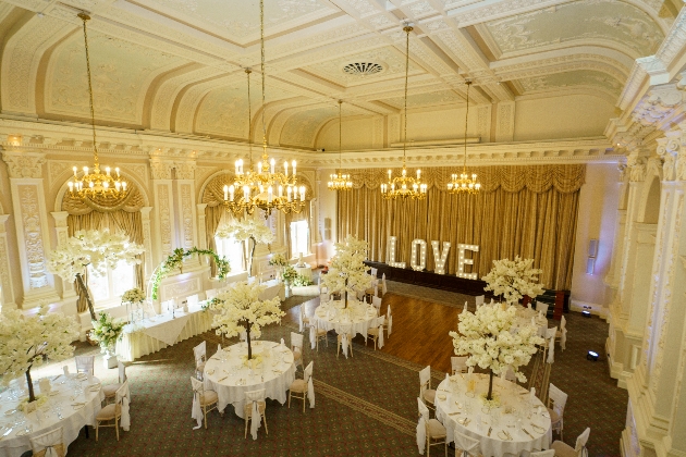 Balcony view of the ballroom at the grand eastbourne decorated for a wedding