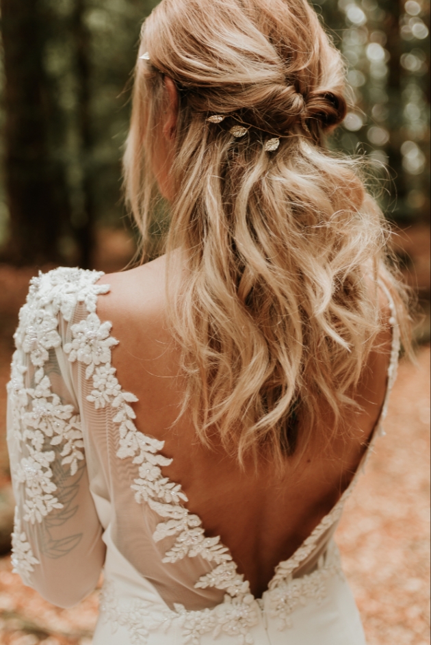 rear view of bride's hair with boho wave and hair vine