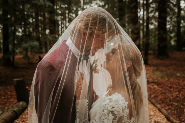 bride and groom beneath bride's veil