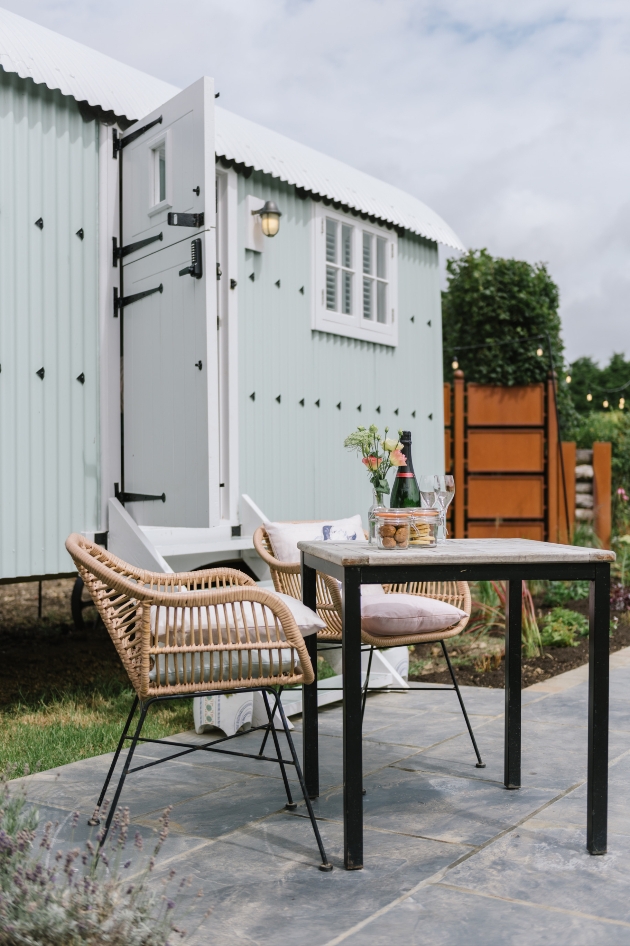 Exterior of Southend Barns' new shepherd hut accommodation