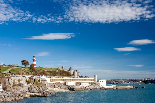 panoramic view during the day of Plymouth light house and coastline