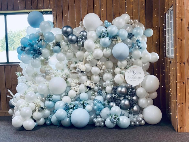 Blue, silver and white balloon wall
