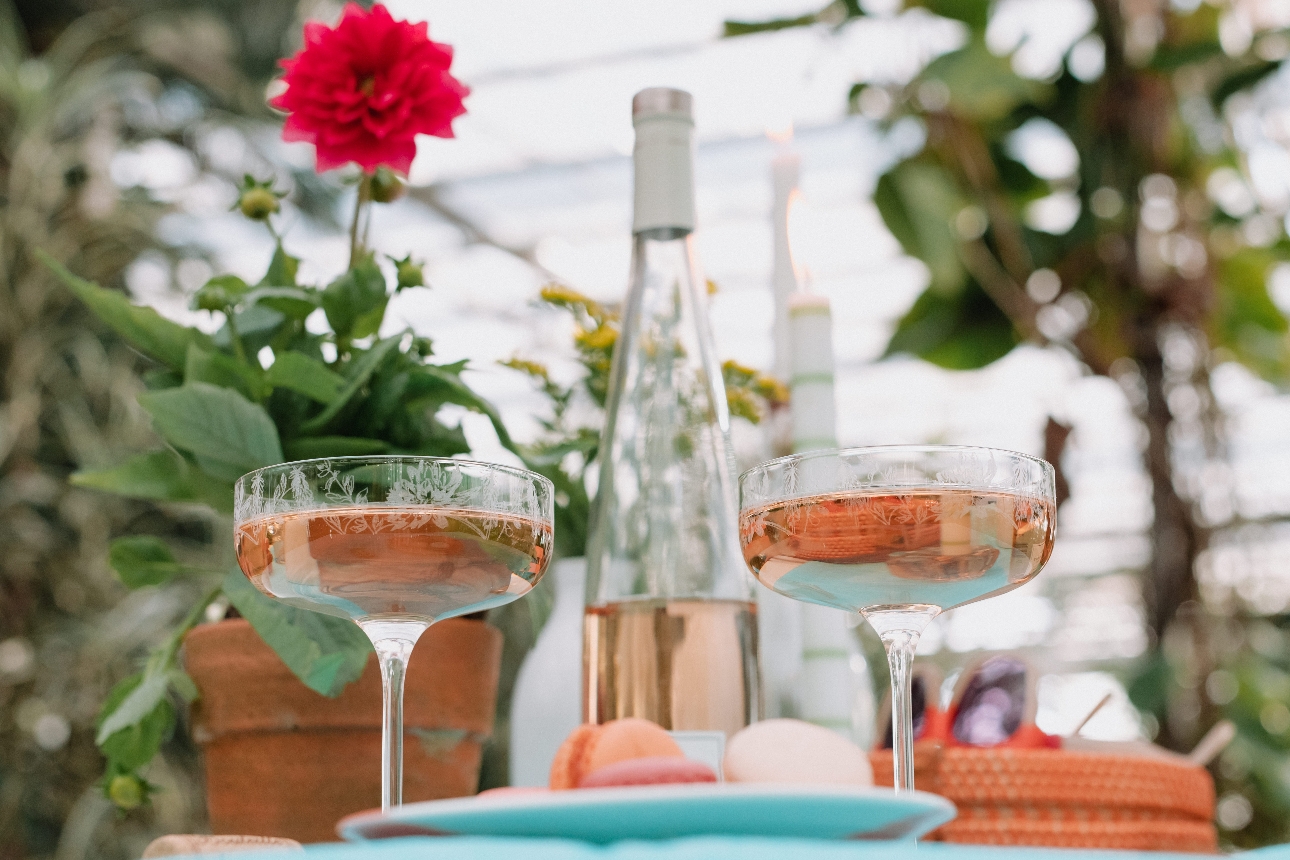 two floral etched champagne coupes