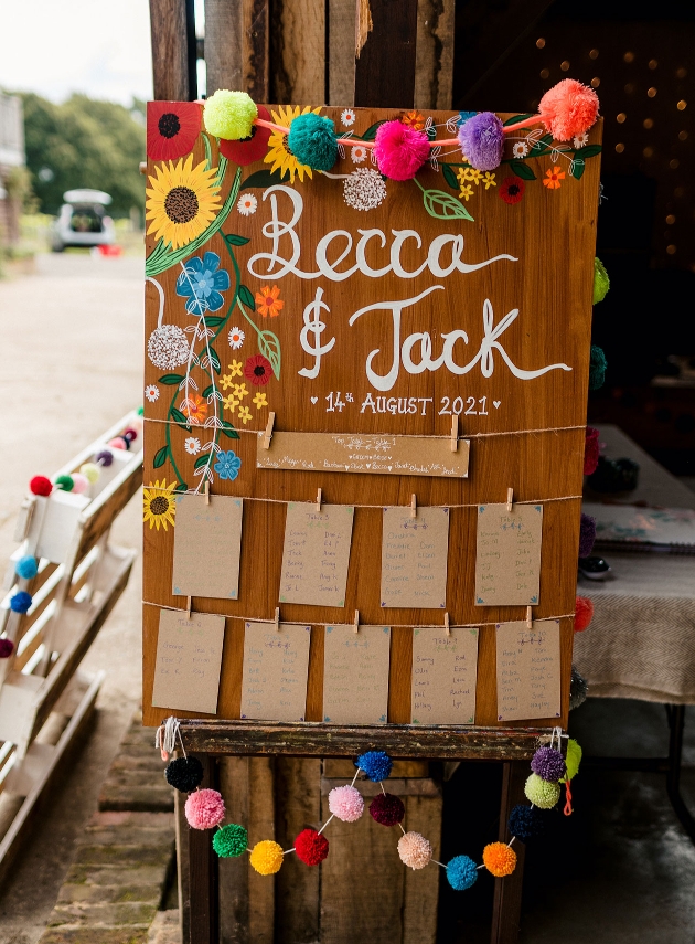 Tableplan decorated with colourful pom poms