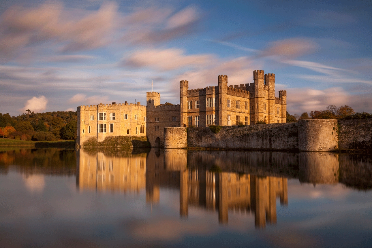 Leeds Castle at sunset, reflection in water 