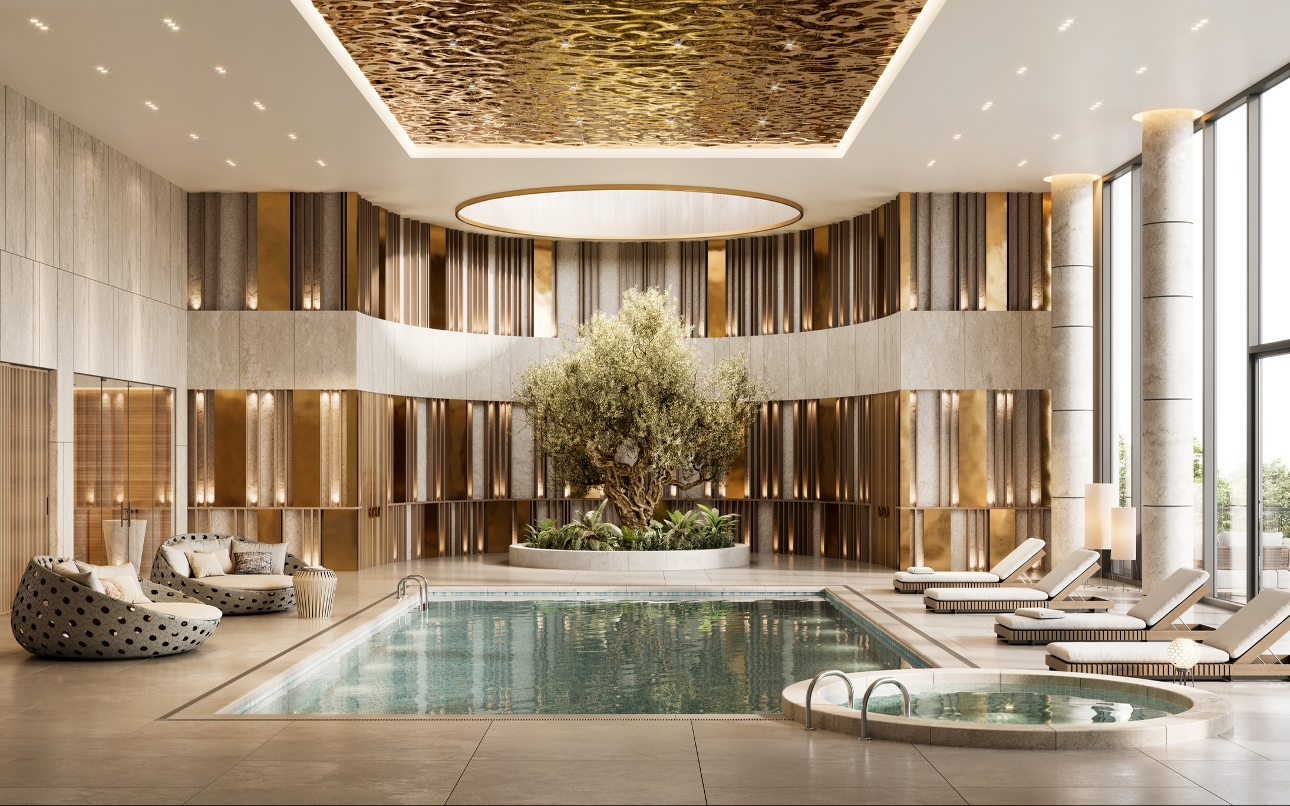 luxury spa all wood on walls tree in centre large pool