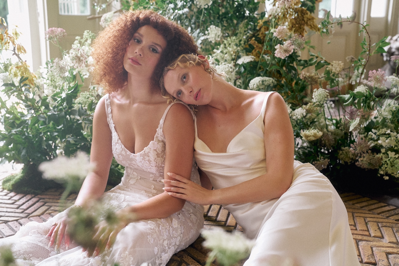 two models in wedding dresses both with straps