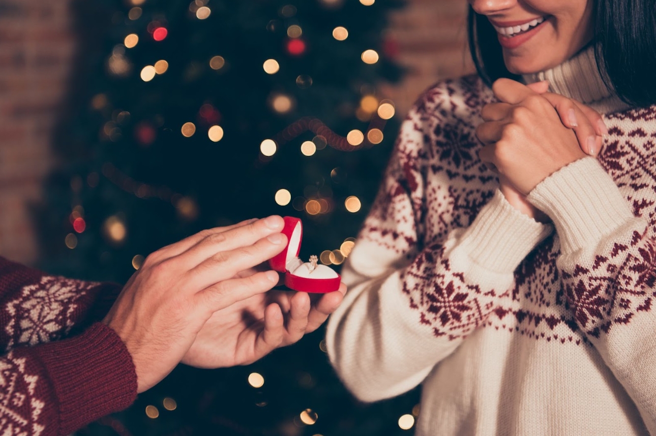 A Christmas proposals in front of a Christmas tree