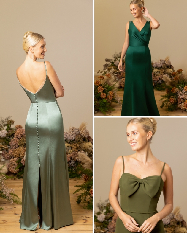 true bride bridesmaids' dresses in varying shades of green