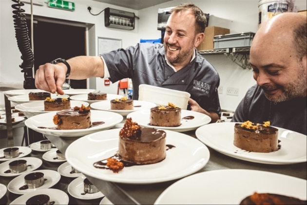 Vine & Dine chefs preparing chocolate mousse wedding breakfast dessert