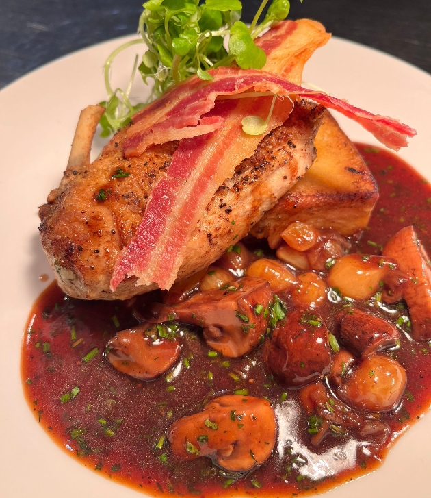 chicken dish with sauce, bacon and mushrooms - Pot Roast Chicken