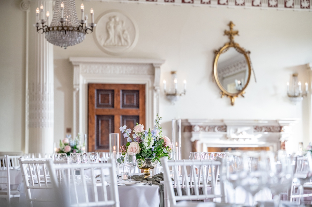 ballroom at Buxted Park set up for a wedding reception 
