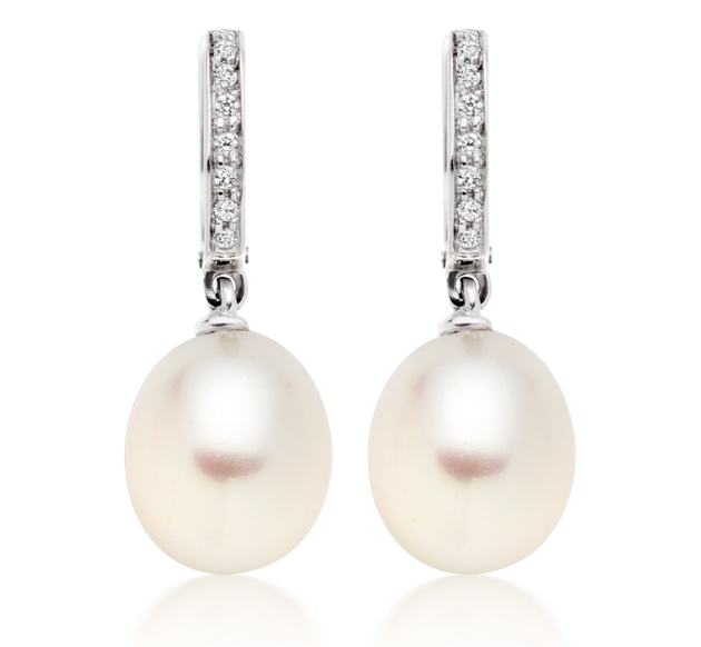 9ct White Gold Cubic Zirconia Freshwater Cultured Pearl Drop Earrings