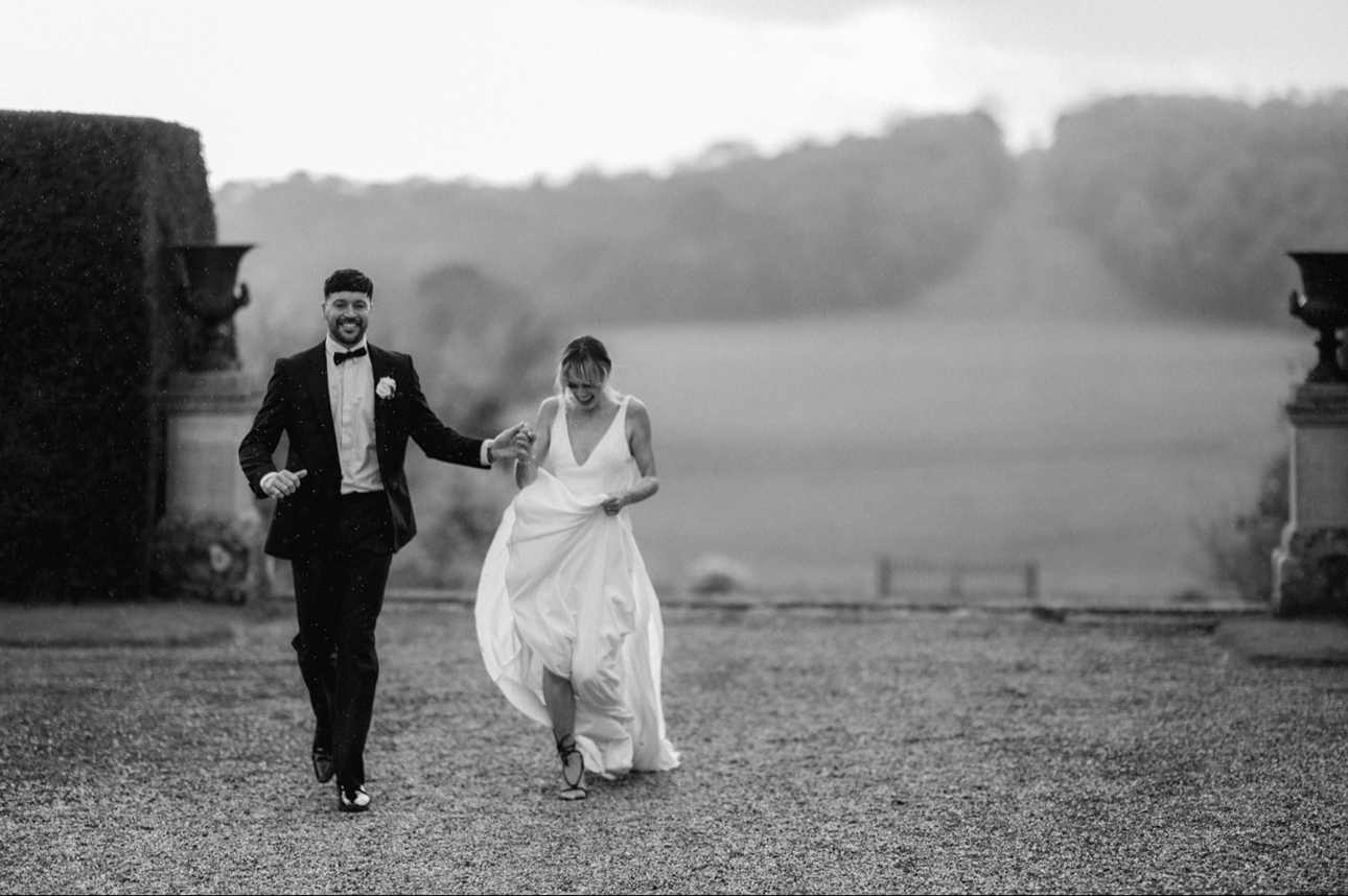 black and white image of a bride and groom